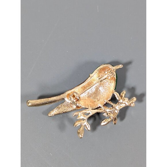 Retro Green Brown Enamel Rhinestone Bird on Branch Brooch Pin - Picture 4 of 6